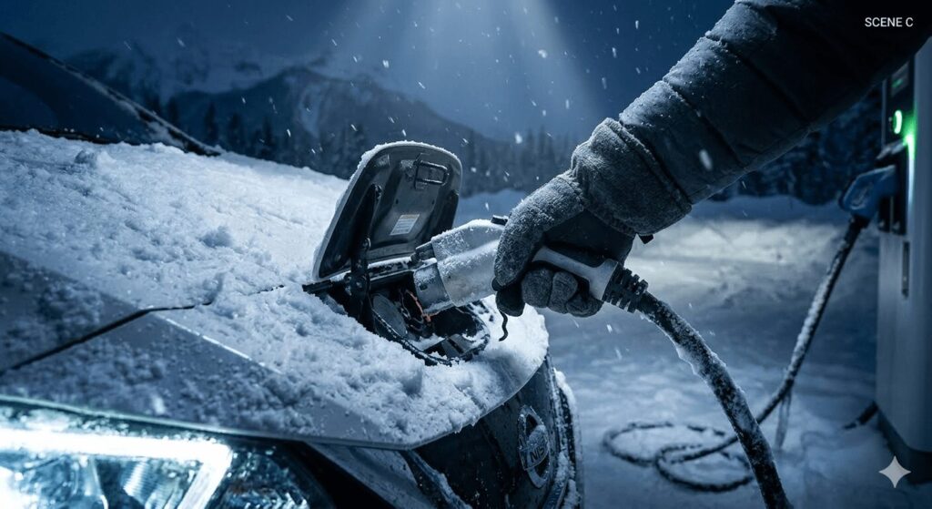 Realistic EV charger overheating India editorial photo of a white electric car charging in a cool shaded covered garage in India, EV cable plugged in, dappled sunlight and shadows falling across the vehicle, with blurred view of bright hot sunny street visible outside the garage entrance, contrasting cool shade and harsh summer heat, shallow depth of field