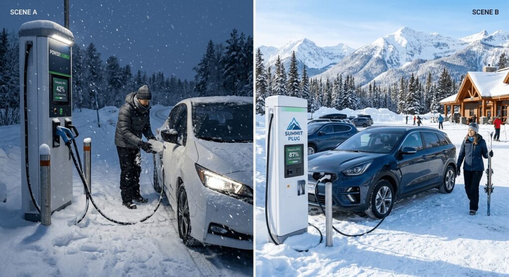 A split-panel comparison illustrating EV charging in cold weather. On the left (Scene A), an EV driver plugs in their car during a snowy night at a fast-charging station. On the right (Scene B), another EV is charging during a sunny, snowy day in a mountainous area. The images highlight the practical application and performance of EV charging in cold weather.