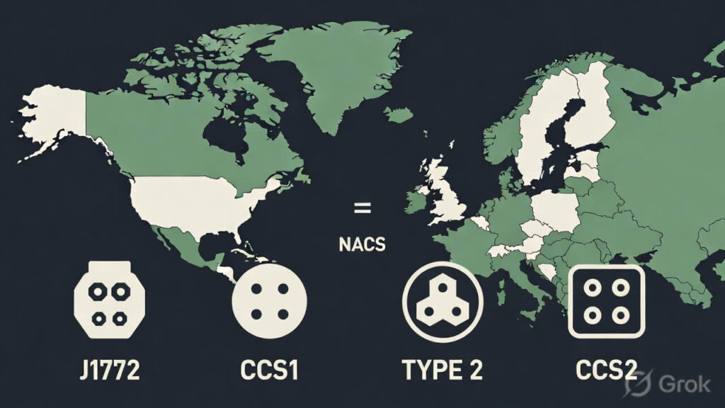 Flat design world map splitting North America and Europe into their respective charging standards, visually summarising the J1772 vs Type 2 EV charger connector comparison with J1772 and CCS1 on the US side and Type 2 and CCS2 on the European side for electric vehicle owners planning to charge across both markets