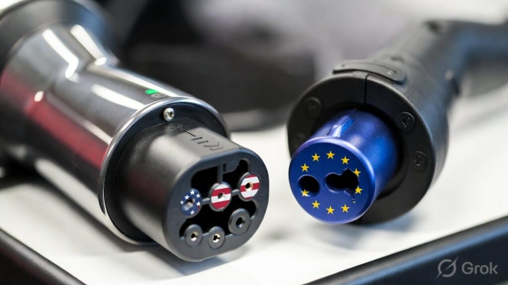 Photorealistic close-up of a J1772 charging plug and a Type 2 Mennekes plug placed side by side representing the J1772 vs Type 2 EV charger connector difference between North American and European electric vehicle charging standards, essential knowledge for every EV owner in 2026