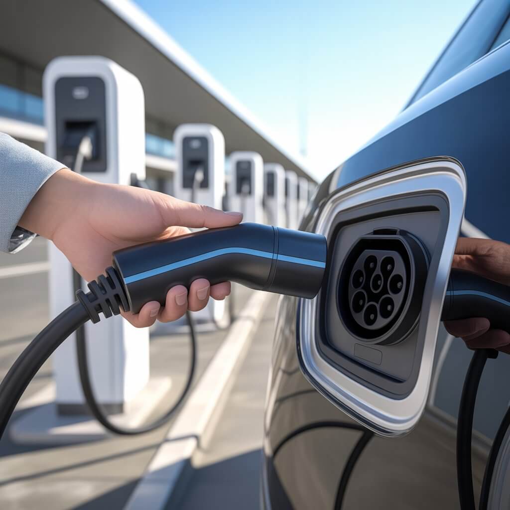 Person plugging a CCS2 DC fast charging connector into an electric car at a highway charging station in India, a real world scenario covered in our EV charger troubleshooting guide India for Tata, Hyundai and MG electric vehicle owners