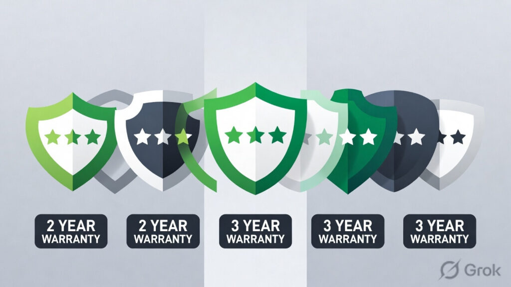 Visual infographic ranking EV charger warranty coverage by brand, designed to support our EV charger warranty comparison India guide covering Tata Power, Ather, Statiq, Exicom, Magenta, Charzer and ABB Terra for Indian home and commercial EV charger buyers in 2026