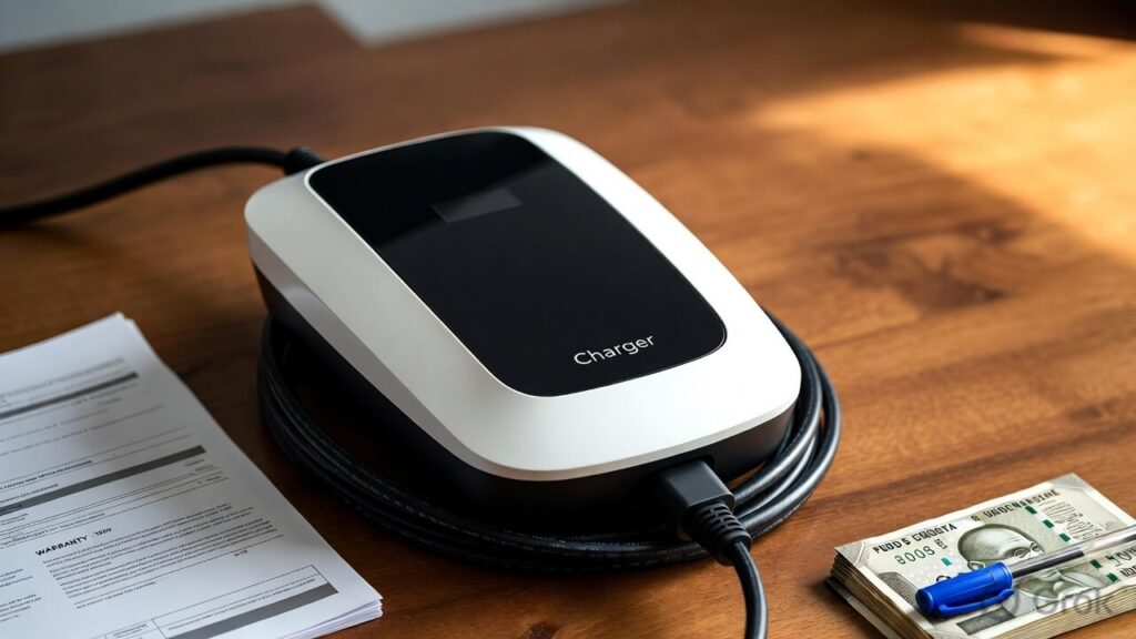 Home EV charger unit placed next to a warranty document and Indian rupee notes, illustrating why every buyer should do a thorough EV charger warranty comparison India before spending ₹15,000 to ₹80,000 on a home or commercial charging unit