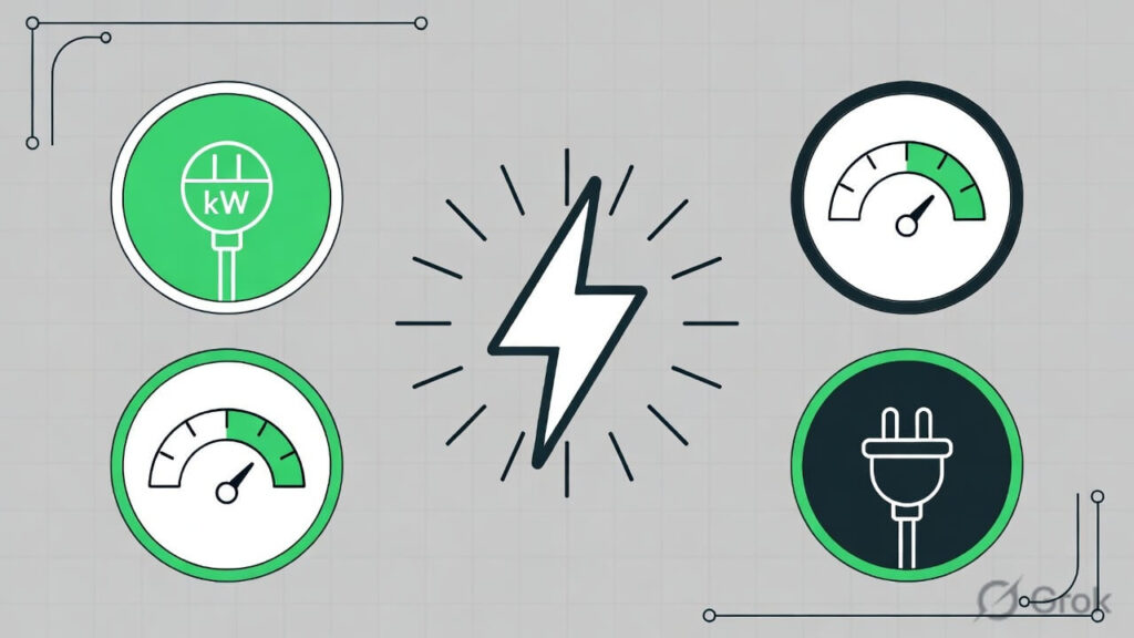 Flat design infographic illustrating the key elements of understanding EV charger specs 2026 including kW power output, voltage, amperage and connector type for electric vehicle owners comparing home and public chargers