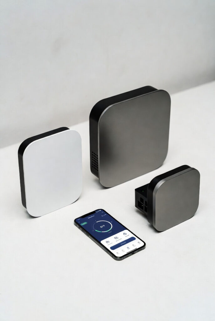 Three smart home EV wall charger units placed side by side with a smartphone showing a charging app dashboard, representing the core comparison in our guide to smart EV chargers 2026 features worth the cost including the Emporia Pro Tesla Universal Wall Connector and Myenergi Zappi