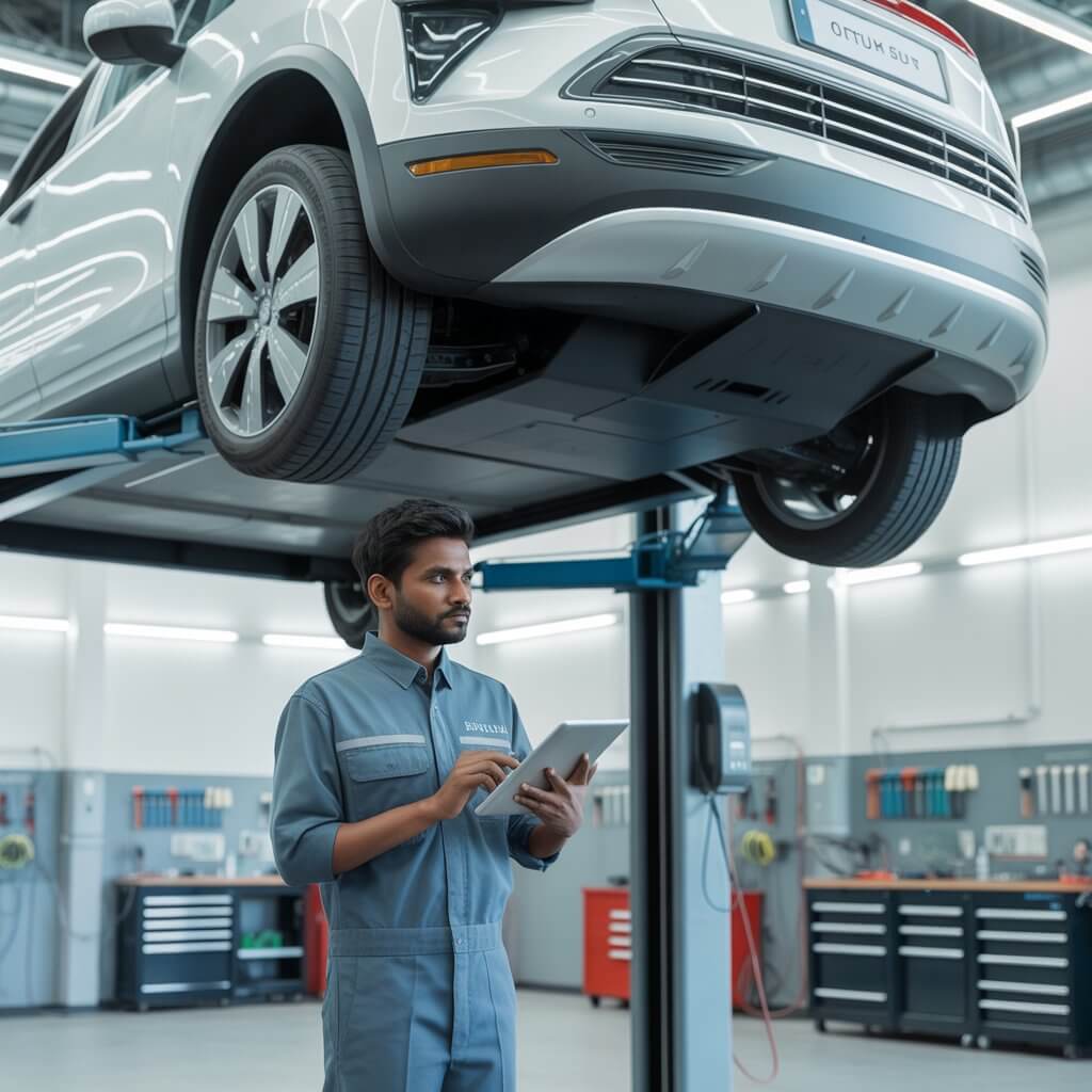 Certified electric vehicle technician inspecting the battery and undercarriage of a white electric SUV on a hydraulic lift at an authorised service centre, illustrating EV maintenance requirements in India for Tata, Hyundai and MG electric vehicle owners