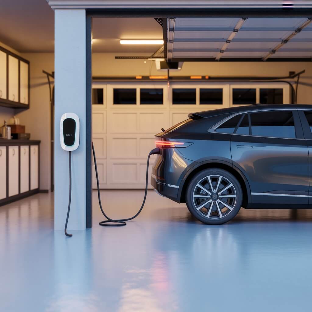 Modern American home garage with a white EV wall charger mounted on the wall and an electric SUV plugged in, representing the ideal home charging setup for US homeowners researching the best home EV chargers 2026 US market has to offer