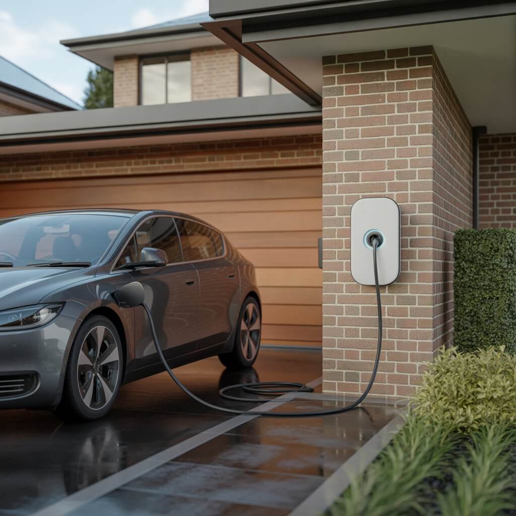 Modern British home exterior with a white Level 2 EV wall charger mounted on a brick wall and an electric car plugged into the driveway, representing the ideal home charging setup covered in our best Level 2 EV chargers UK Europe 2026 comparison guide for Wallbox Easee and Hypervolt buyers