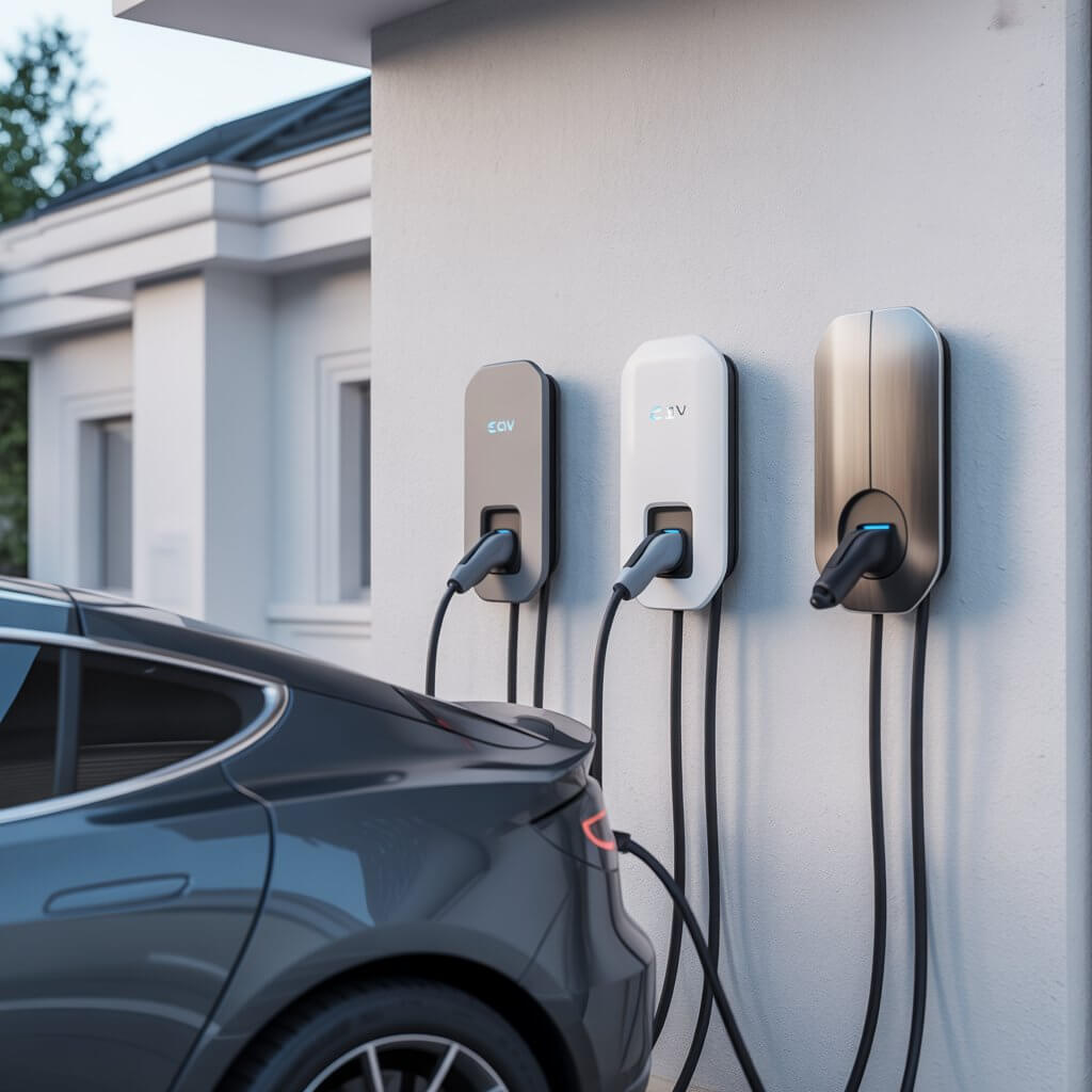 Three premium smart EV wall chargers mounted side by side on a modern European home exterior wall with an electric car plugged in, representing the core Wallbox Pulsar Plus vs Myenergi Zappi vs Andersen smart charger Europe 2026 comparison for homeowners choosing between the top three European home EV charging options