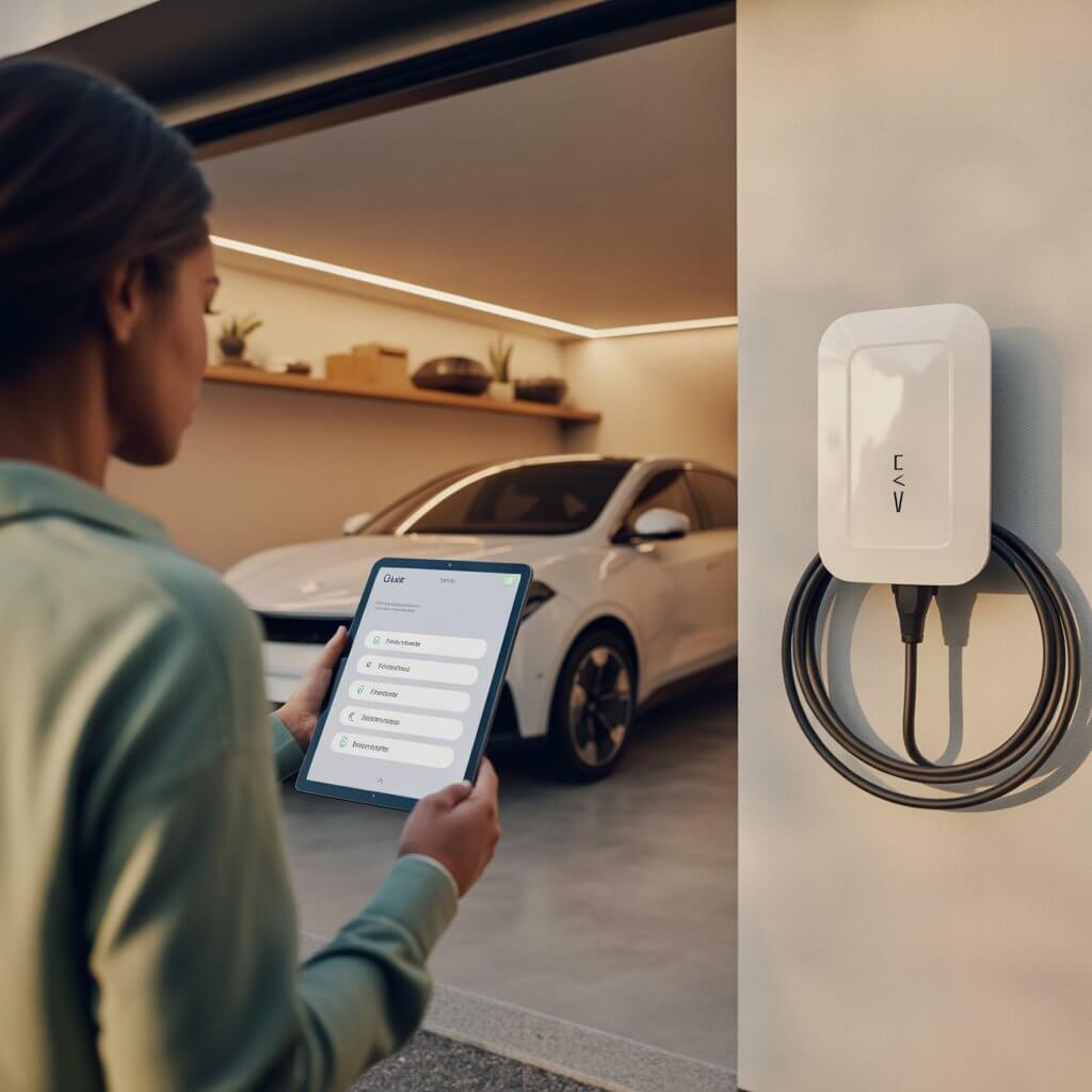 Person in a home garage using a tablet quiz tool to find the right EV charger for their home, with a white wall mounted EV charger and electric car visible in the background representing the home charging decision process for US European and Indian EV owners in 2026