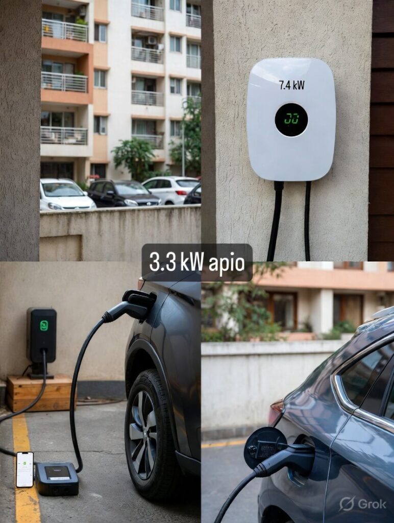 Real-world home EV charger setups in India 2026: top left features a compact black 3.3 kW portable EV charger with coiled cable placed on concrete ground near an apartment in Bengaluru, phone showing charging app; top right shows a modern white 7.4 kW wallbox charger labeled 'apio' mounted on a house wall charging a grey SUV EV; bottom images show close-up Type-2 connector plugged into a Tata Nexon EV and MG ZS EV charging port with blue LED indicator