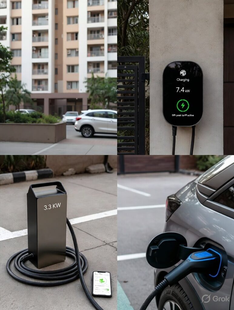 Side-by-side comparison of home EV charging in India: left shows a 3.3 kW portable EV charger plugged into a Tata Nexon EV in a Bengaluru apartment parking lot with apartment buildings in background; right shows a sleek 7.4 kW wall-mounted smart charger on a house wall charging an MG ZS EV, displaying 'Off-peak tariff active' on screen, green charging indicator, typical Indian residential setting