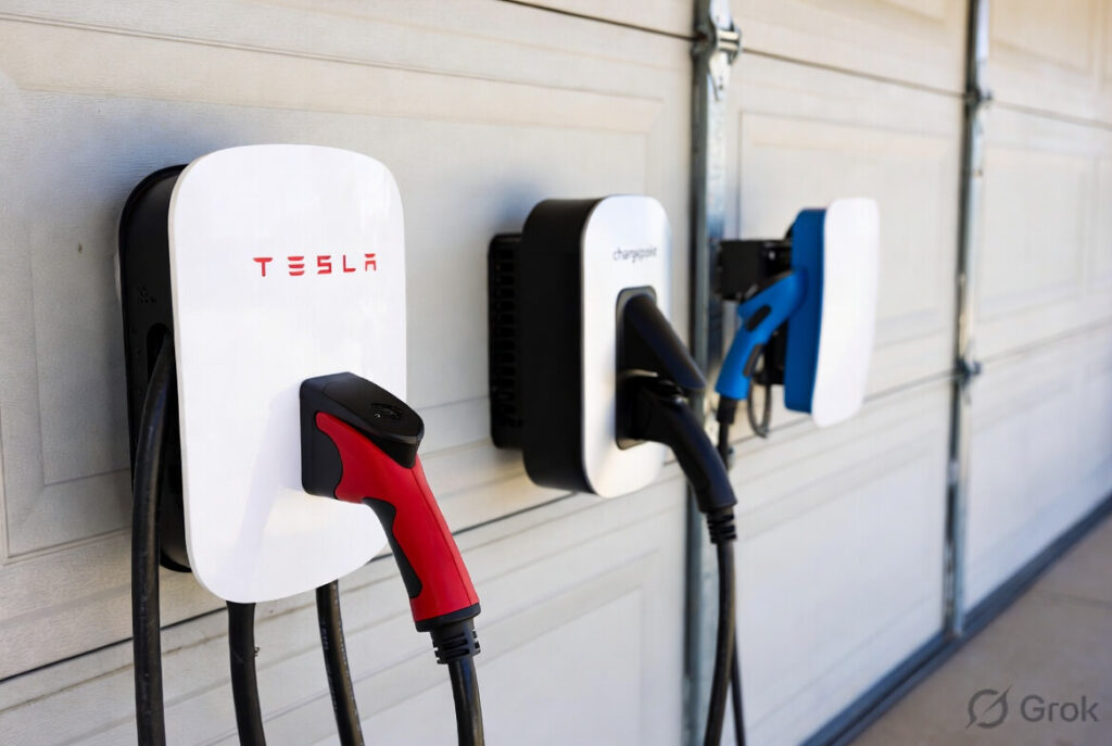 Tesla Universal Wall Connector vs ChargePoint Home Flex vs Emporia Pro comparison 2026 – best home EV charger side by side on garage wall