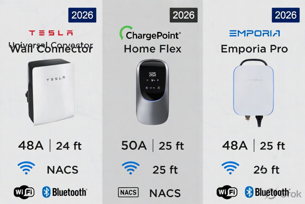 Tesla Universal Wall Connector vs ChargePoint Home Flex vs Emporia Pro specs comparison 2026 – charging speed, cable length and smart features