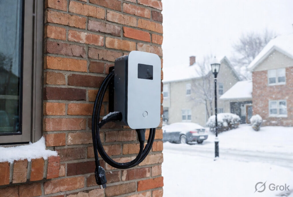 Grizzl-E Ultimate vs Hypervolt Home 3 Pro – Hypervolt Home 3 Pro EV charger mounted on house wall in snowy cold winter weather in Europe, highlighting its modern design and performance in freezing temperatures