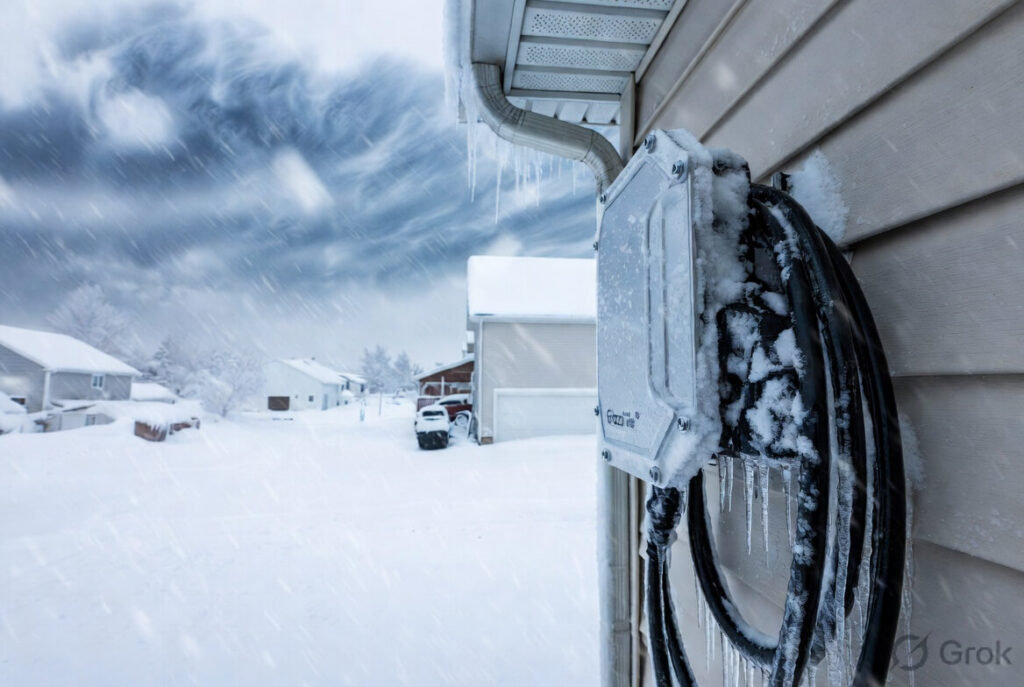 Grizzl-E Ultimate vs Hypervolt Home 3 Pro – Grizzl-E Ultimate EV charger installed outdoors in heavy snow and freezing cold weather, showing excellent durability for US and European winters