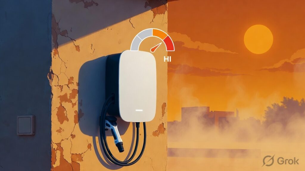 Modern flat illustration of a sleek white EV home charger mounted on a weathered orange wall under intense Indian summer sun, with heat haze shimmering and a large bright saffron-orange sun in the sky, overlaid with a rising temperature gauge icon, in deep saffron, white, and electric blue color palette