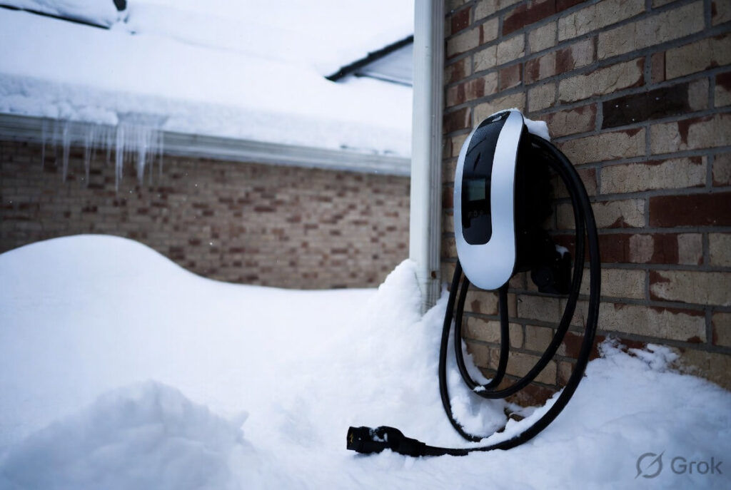 Best Budget EV Chargers Under $600 2026 – Rugged black and silver budget EV home charger installed outdoors in snowy cold winter conditions, perfect for US and Europe homes