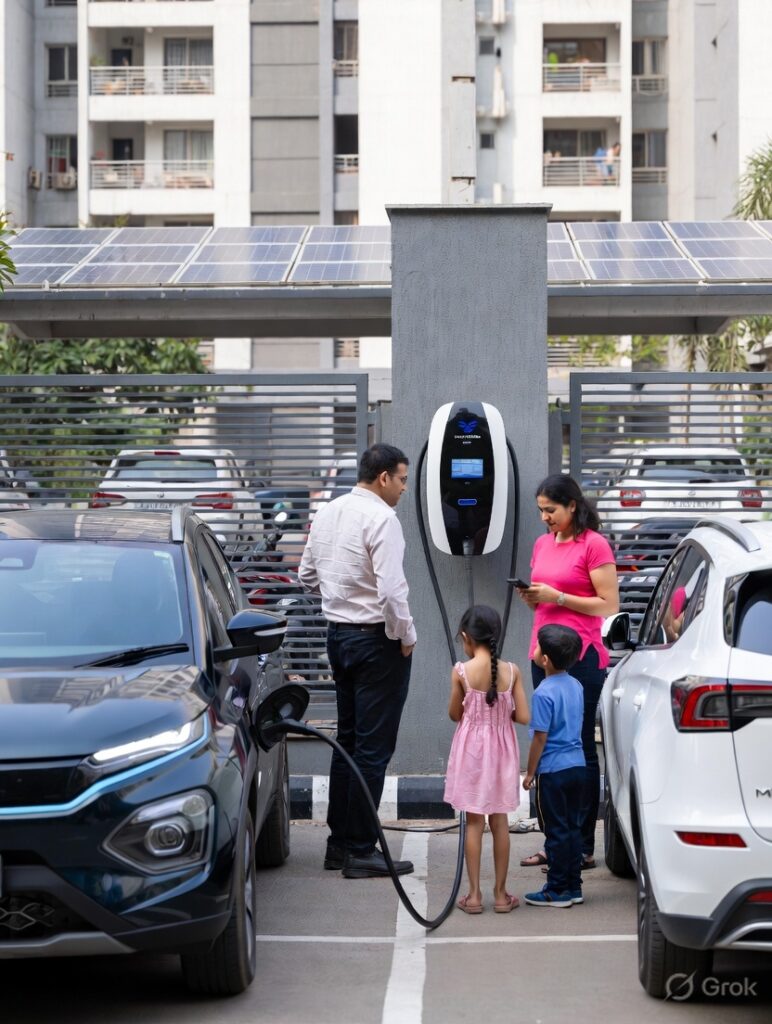 Mumbai family of four with two electric vehicles — Tata Nexon EV and MG ZS EV — charging simultaneously at home in an apartment parking lot using a smart wall-mounted EV charger, with solar panels visible in the background and residential buildings in Mumbai, India