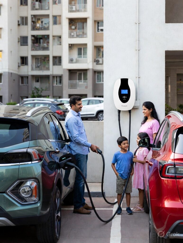 Indian family charging their two EVs (Tata Nexon EV in green and MG ZS EV in red) with a Wallbox Pulsar Plus 7.4 kW smart home charger mounted on the wall in a Mumbai apartment complex parking area, parents and two children standing nearby, showcasing multi-EV home charging setup for families in urban India.