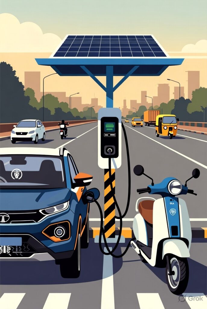 Tata Nexon EV and white Ola electric scooter charging at public station on Indian city road, large billboards displaying oil prices and Middle East conflict in background, symbolizing how geopolitical tensions and high petrol prices are accelerating electric vehicle sales and charging infrastructure growth in India 2026