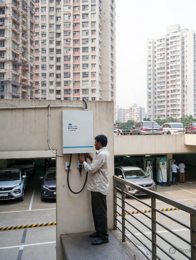 Mumbai apartment resident connecting charging cable to Tata Nexon EV at Tata Power EZ Charge 7.4 kW wallbox mounted on concrete pillar in shared parking area, urban high-rise towers and other vehicles visible, illustrating successful apartment EV charging installation after RWA approval in 2026