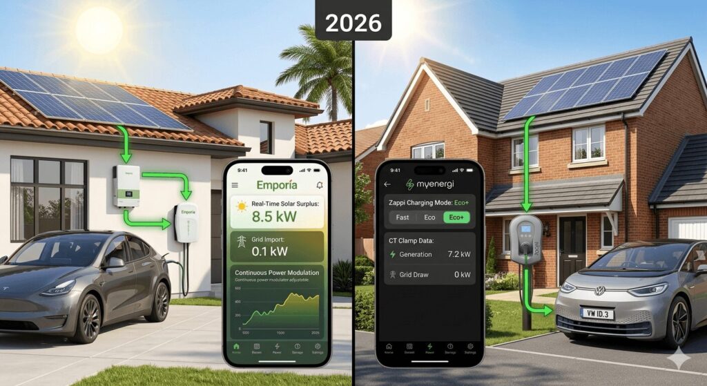 best smart connectivity Wi-Fi app solar integration US Emporia vs Europe Zappi 2026 comparison showing Emporia Pro and Myenergi Zappi side by side with solar features