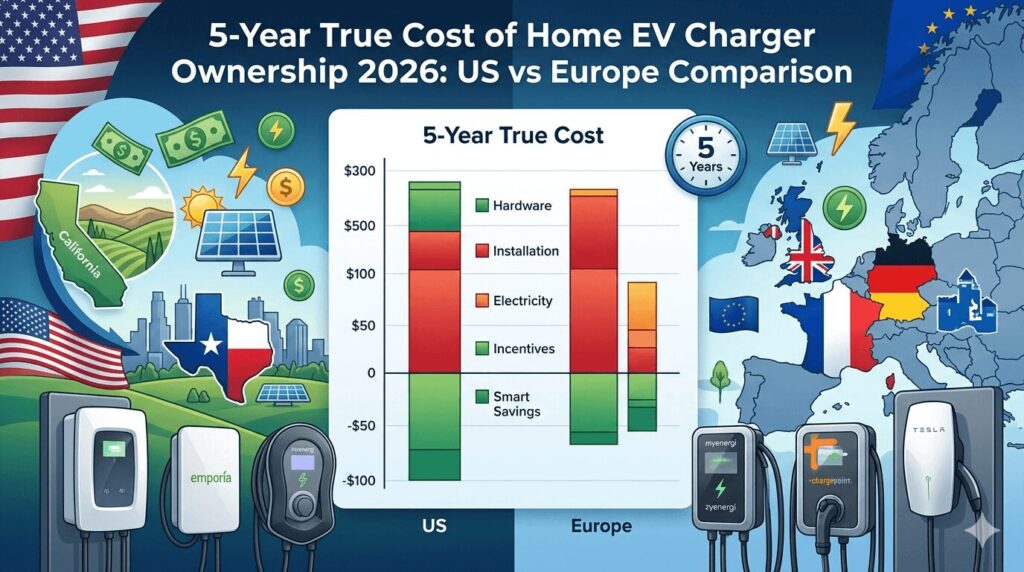 5-Year true cost of home EV charger ownership 2026 US vs Europe comparison infographic showing hardware, installation, electricity, and smart savings breakdown