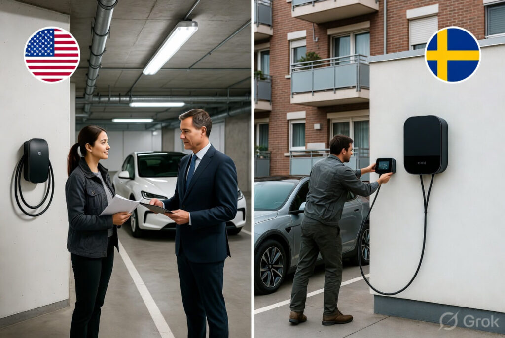 Comparison of apartment EV charging solutions 2026 US Europe — side-by-side view of US condo board EV charger approval scene and European flat permission installation in parking garage with portable and hardwired chargers