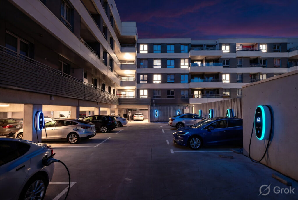 Modern apartment building parking with EV chargers installed in 2026 showing apartment EV charging solutions 2026 US Europe, split view of US condo and European flat charging stations at night with electric cars plugged in