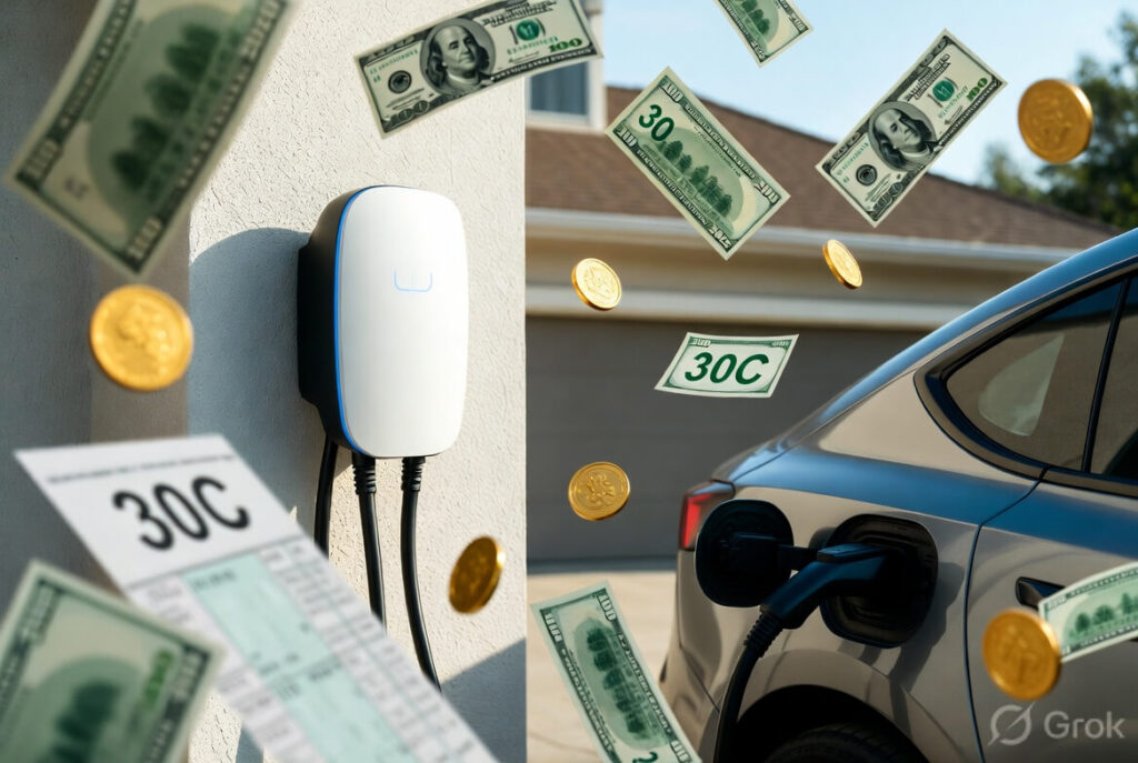 Professional illustration showing EV charger tax credits & rebates 2026 with US dollar bills, home EV charger installation, federal 30C tax credit form and money savings on a modern electric vehicle