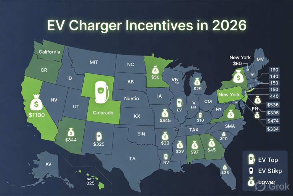 US map highlighting EV charger tax credits & rebates 2026 with different states colored by incentive levels, money icons, EV chargers and federal 30C credit labels