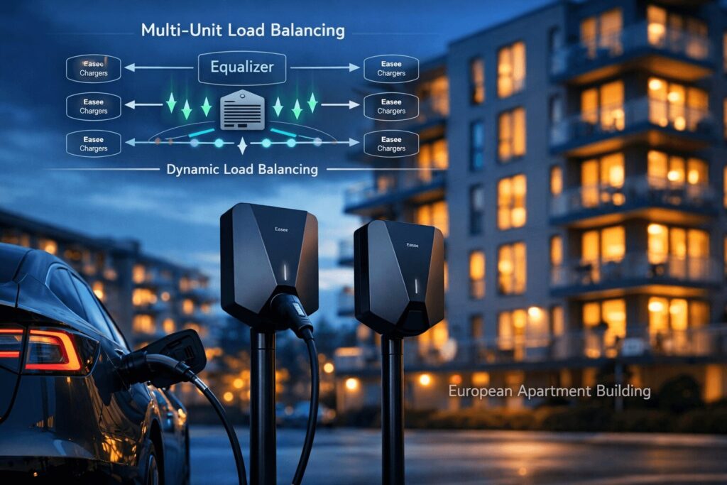 load balancing EV chargers 2026 in European apartments using Easee multi-unit dynamic load balancing system