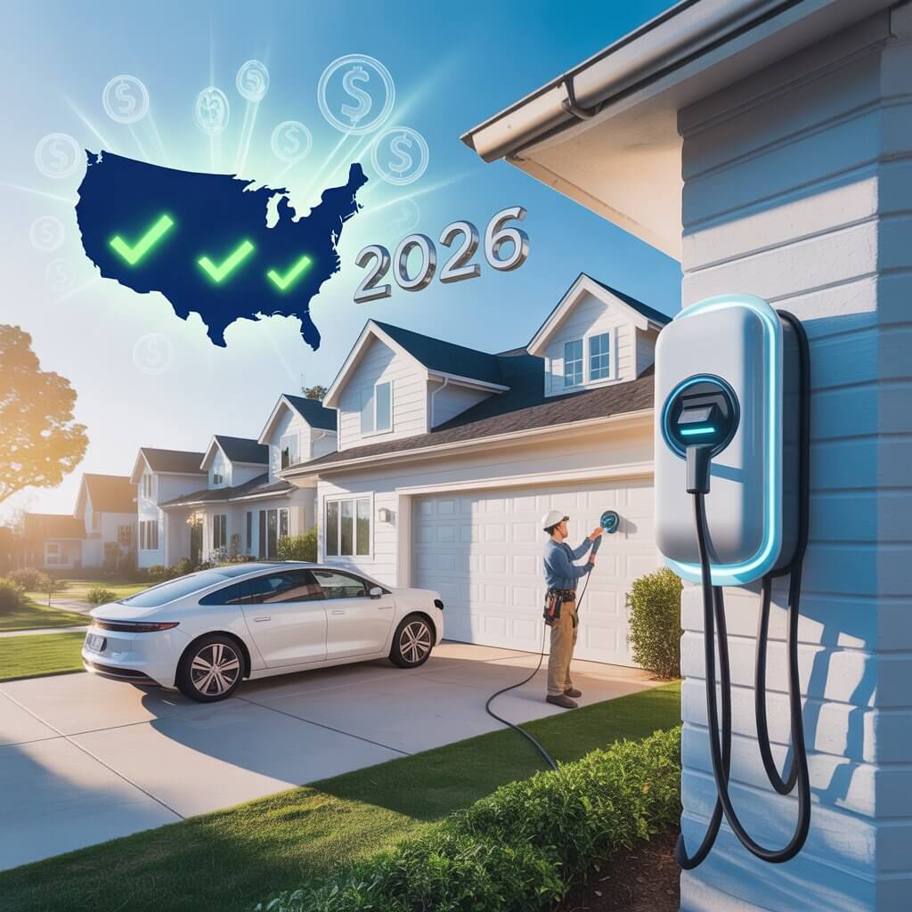 US EV charger rebates by state 2026 - California, New York, and Texas homeowners saving money on Level 2 EV charger installation with federal tax credits and utility rebates