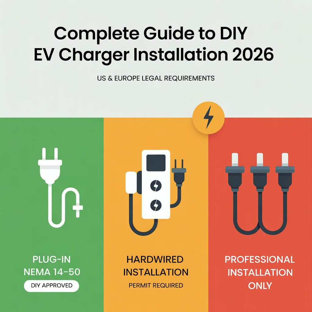 Flat design infographic comparing three levels of DIY EV charger installation legality from plug-in green approved through hardwired amber permit required to three-phase red professional only, created to support our complete guide to DIY EV charger installation 2026 US Europe covering NEMA 14-50 plug-in scenarios European CEE socket options and the legal requirements that make hardwired installation a licensed professional job in the UK and across Europe