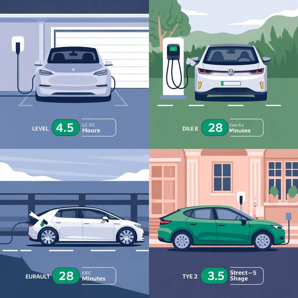 EV charge time calculator 2026 how long to full for your model in US and Europe — charging curve graph showing faster 20-80% charging and slower 80-100% taper plus the core time calculation formula for home and DC fast charging.