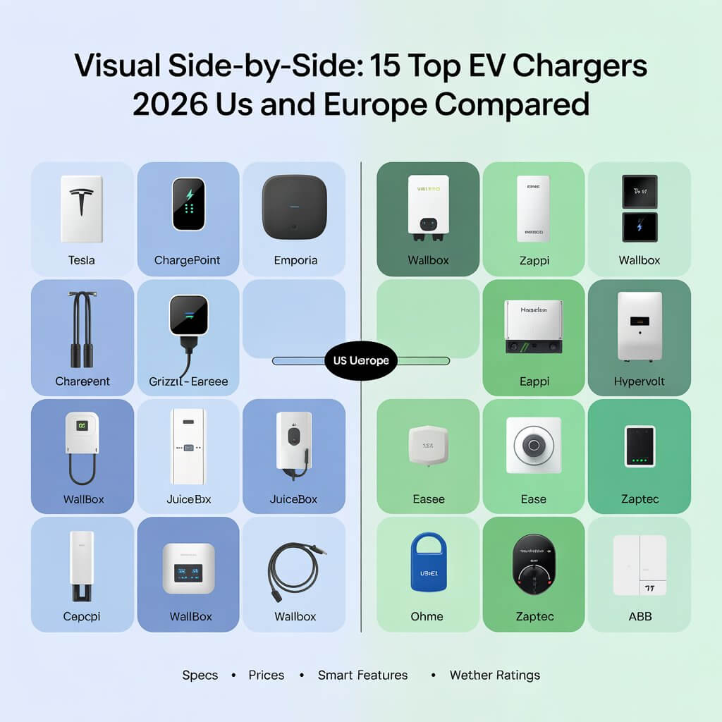 Visual side-by-side 15 top EV chargers 2026 US and Europe compared — infographic grid showing every major home EV charger from Tesla, ChargePoint, Emporia, Grizzl-E, JuiceBox, and Wallbox on the US side (blue) and Wallbox, Myenergi Zappi, Hypervolt, Easee, Ohme, Zaptec, and ABB on the Europe side (green), with price and power badges under each unit