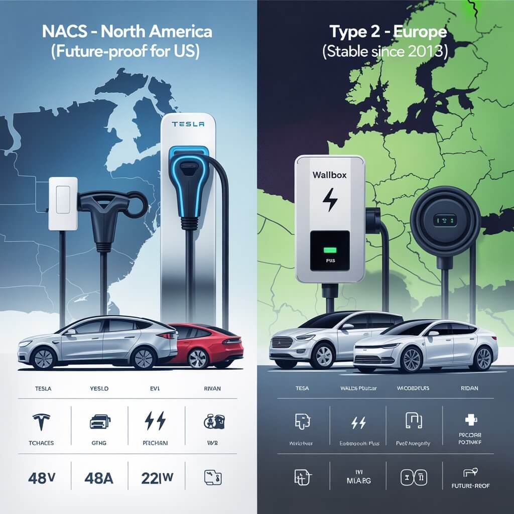 NACS vs Type 2 future-proof EV chargers US Europe 2026 – side-by-side comparison of connectors, home chargers, and regional standards