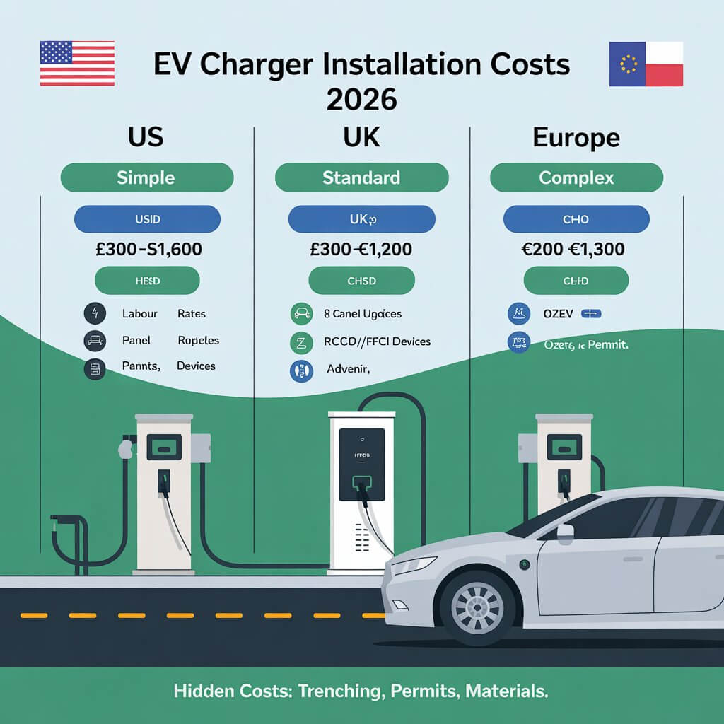 Professional EV charger installation costs 2026 US UK Europe complete cost comparison by market and complexity