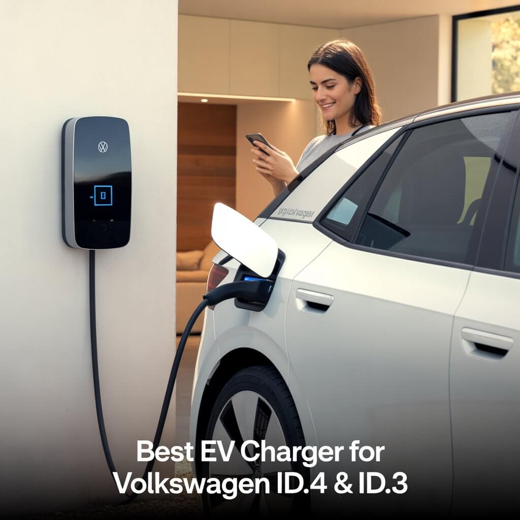 best EV charger Volkswagen ID.4 ID.3 Europe US – Modern Wallbox Pulsar Plus charging a white VW ID.4 in a European home garage