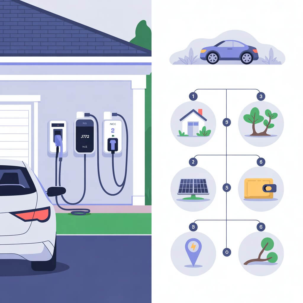 interactive EV charger selector tool US NACS J1772 or Europe Type 2 edition — split-screen illustration showing three home EV charger plugs (NACS, J1772, Type 2) alongside a 7-step decision flowchart covering car, home, solar, budget and location factors.