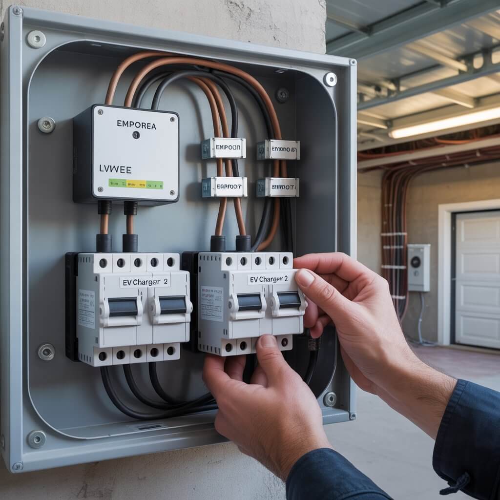 Electrical panel upgrade required for a case study US family with two EVs Tesla plus Ford Mach-E charging setup showing two 50-amp breakers and an Emporia Vue load management monitor installed inside a residential 200-amp panel.