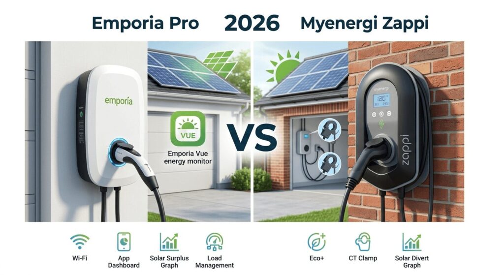 best smart connectivity Wi-Fi app solar integration US Emporia vs Europe Zappi 2026 solar divert comparison with Emporia Pro and Myenergi Zappi in action using surplus solar