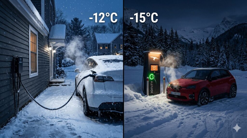 Split screen comparison for winter EV charging guide 2026 cold weather performance US Northeast vs Europe showing Tesla Model Y charging in Boston snow on left versus Renault 5 E-Tech charging at Ionity station in Norwegian Alps on right with steam from active battery pre-conditioning at minus 12 and minus 15 degrees celsius