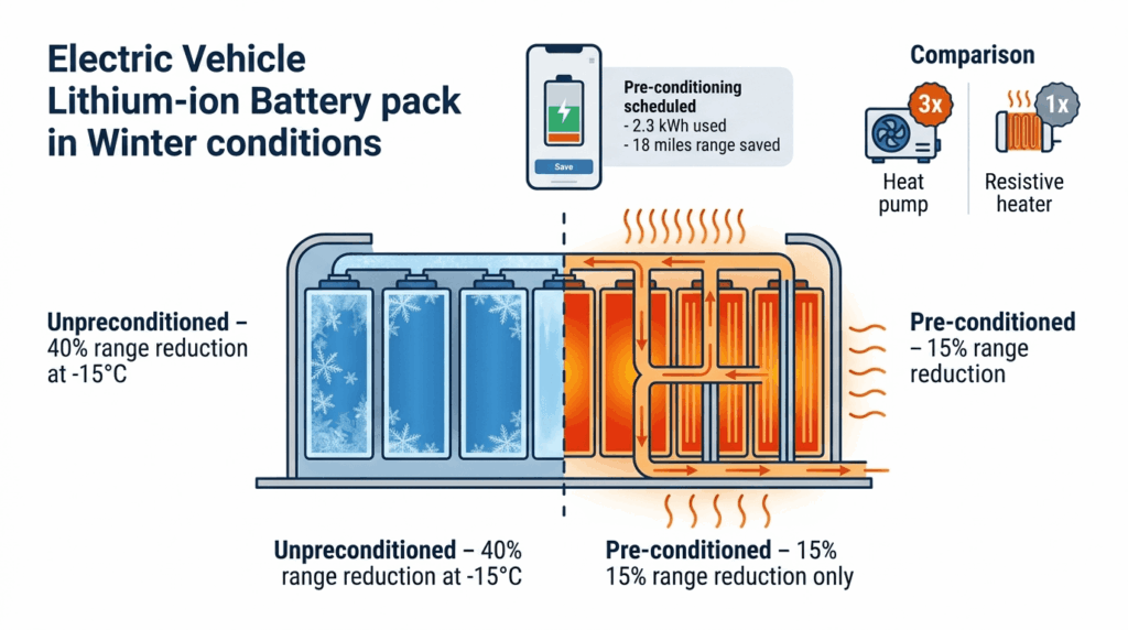 EV battery cross-section infographic for winter EV charging guide 2026 cold weather performance US Northeast vs Europe showing blue cold cells with 40 percent range loss versus orange pre-conditioned cells with 15 percent range loss plus heat pump efficiency comparison and smartphone app showing departure pre-conditioning saving 18 miles of range