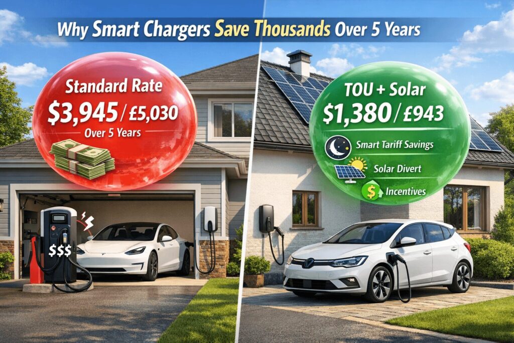 5-Year true cost of home EV charger ownership 2026 US vs Europe comparison showing massive electricity savings with smart TOU tariffs and solar divert versus standard rates