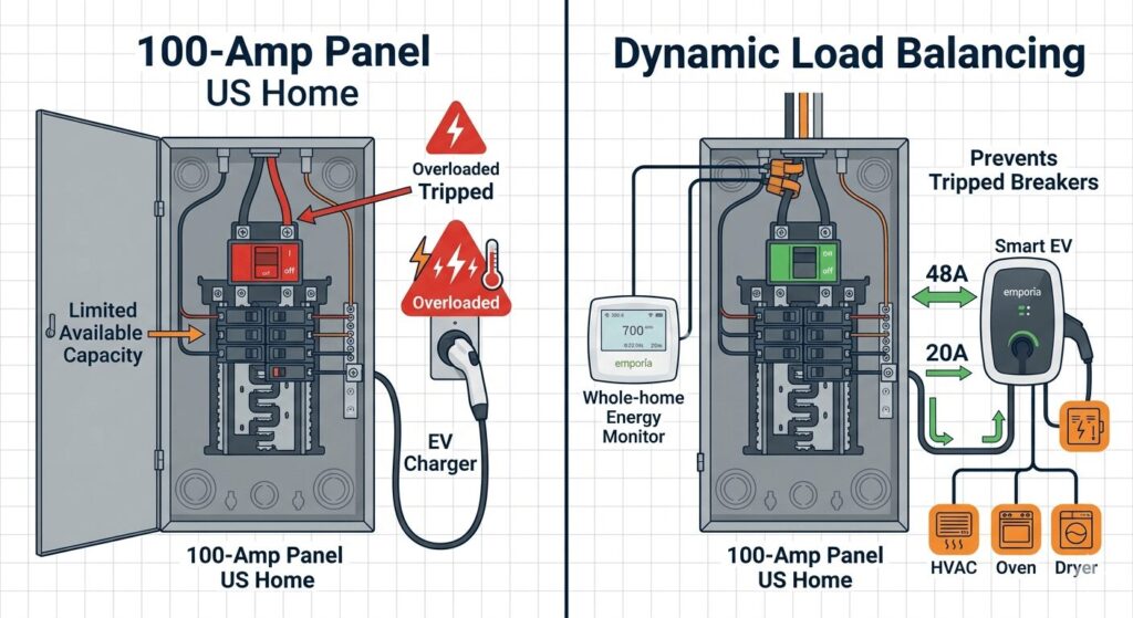load balancing EV chargers 2026 diagram showing dynamic load management on a 100-amp panel in US homes to avoid tripped breakers