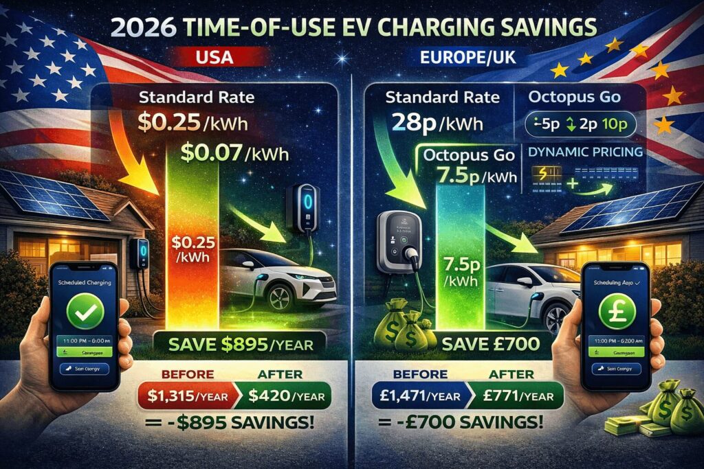 time-of-use EV charging savings smart chargers that cut bills in US and Europe 2026 — bar chart comparison of standard vs TOU tariffs with smart EV chargers showing real annual bill savings in US and UK