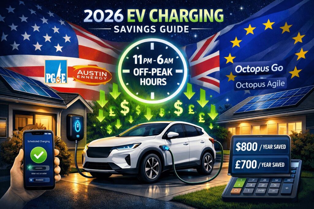 time-of-use EV charging savings smart chargers that cut bills in US and Europe 2026 — modern EV plugged into smart charger with money savings icons for Octopus Go, PG&E and dynamic tariffs