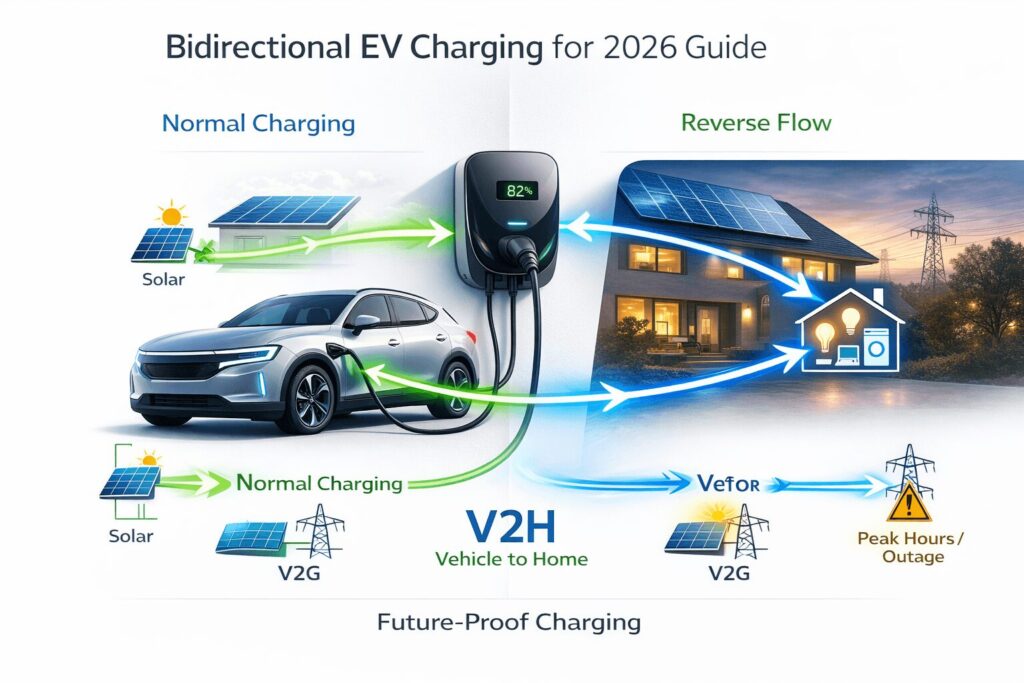 Upcoming EV charger trends 2026-2027 V2G bidirectional what to buy now — visual explanation of bidirectional charging and V2H technology for home use
